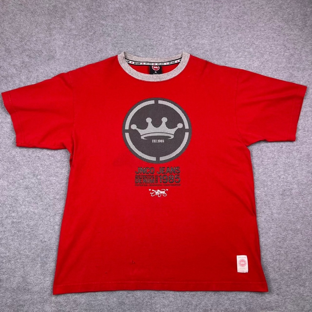 Y2K JNCO Jeans T-Shirt Mens XL Red Crown Logo Graphic Short Sleeve